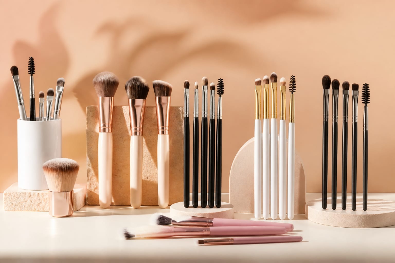 Șapte seturi de pensule și cosmetice pentru machiaj cu prețuri între 21 și 402 lei